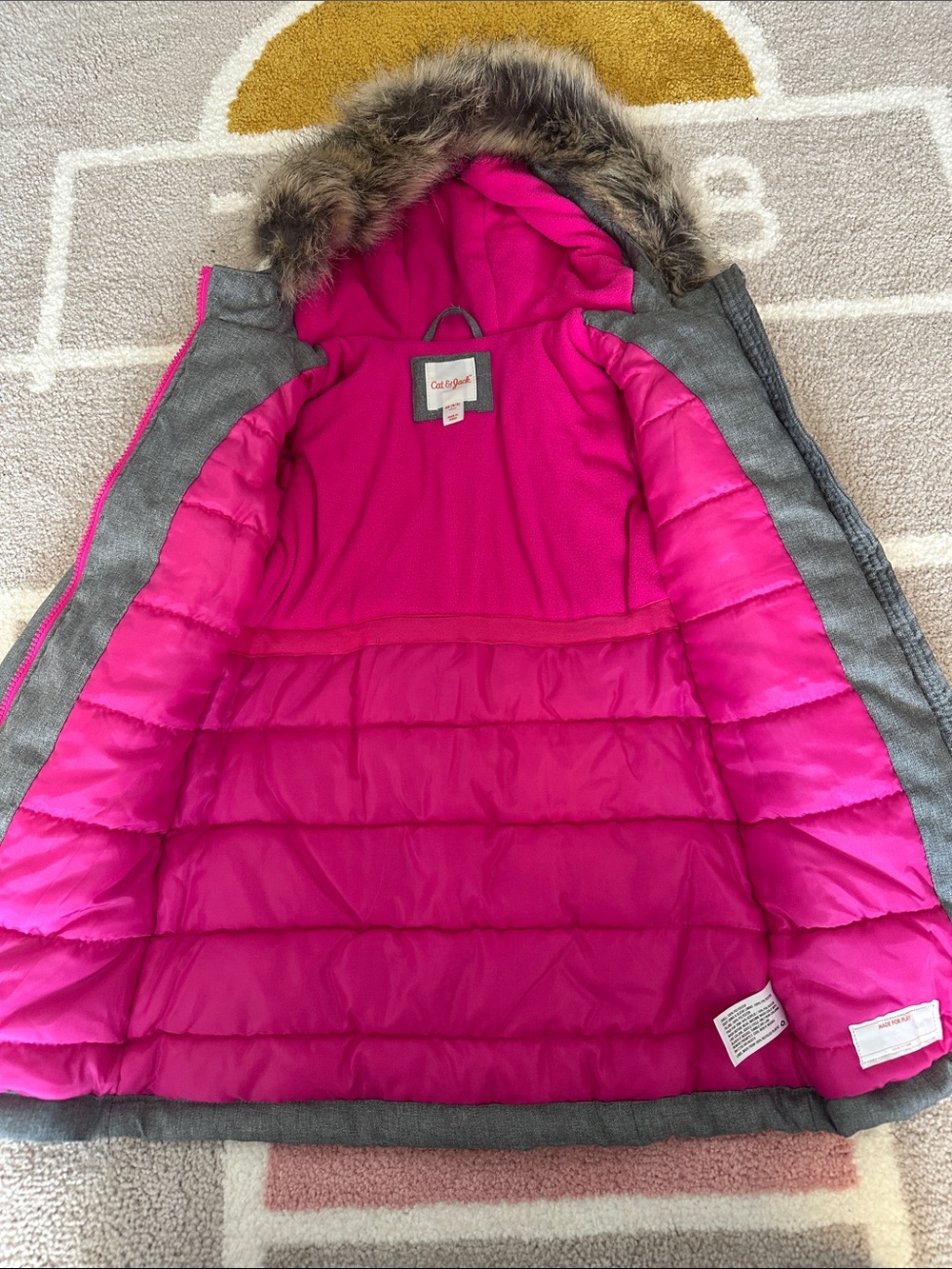 Cat & Jack Gray Coat with Bright Pink Lining and Faux Fur Hood - Picture 2 of 4